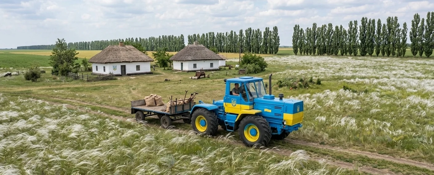 Tractor working a field at a Ukrainian member farm