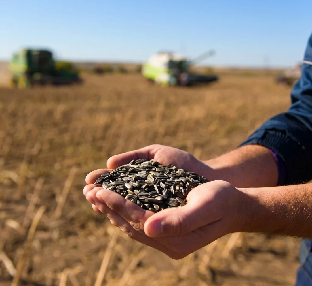 Sunflower seeds from the harvest, held in a farmer’s hands